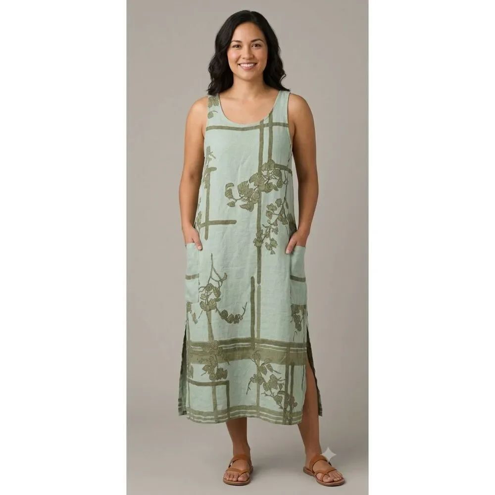IVY Olive Green Leaf Print Linen Slit Midi Shift Dress Medium Cottage Hippie